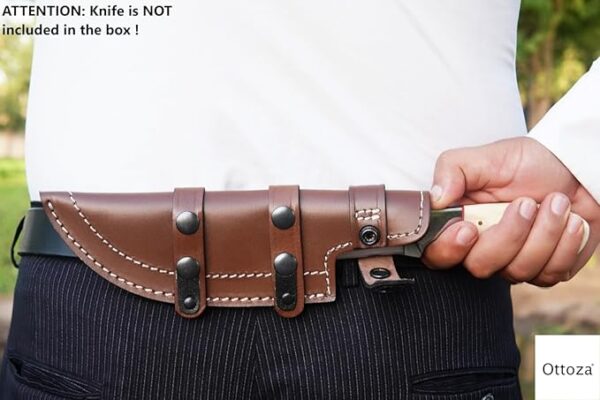Ottoza Handmade Leather Knife Sheath - Right Hand Tracker - Bushcraft, Hunting & Survival Knife Sheath - Horizontal Carry Dark Brown Top Grain Leather No:99 - Image 4