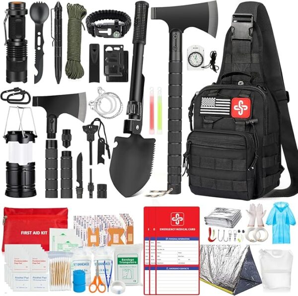 Survival Kit, 262Pcs Survival Gear and Supplies with First Aid Kit Pouch and Crossbody Bag, Emergency Kit with Tent, Camping Axe Hammer, Survival Shovel w/Pick, Bug Out Bag Gifts for Men Women - Image 2