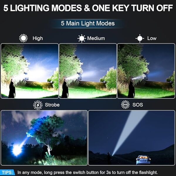 Rechargeable Flashlights High Lumens - Super Bright LED Tactical Flash Light, Powerful Waterproof Handheld USB C Flashlight for Camping,Emergencies,Home,5 Modes,Zoomable (2, Black) - Image 5