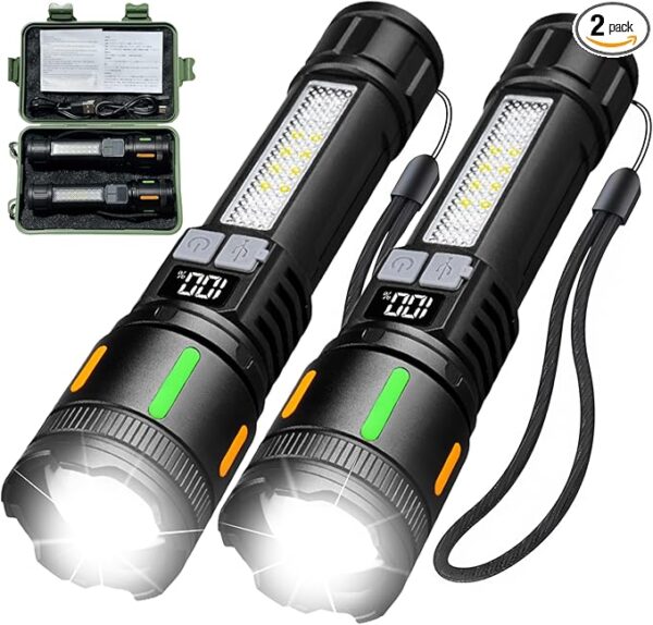 2 Pack Rechargeable High Lumens Flashlights,Waterproof Handheld Powerful Flash Light Set,5 Modes Super Bright Flashlight with COB Light,Flashlights for Emergencies,Home,Camping,Outdoor - Image 2