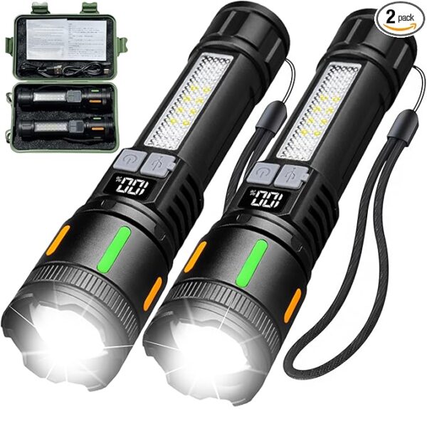 2 Pack Rechargeable High Lumens Flashlights,Waterproof Handheld Powerful Flash Light Set,5 Modes Super Bright Flashlight with COB Light,Flashlights for Emergencies,Home,Camping,Outdoor