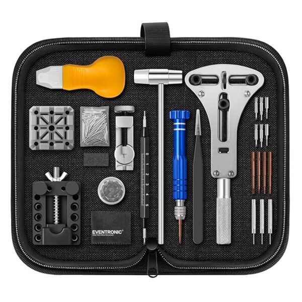 ã2025 UpgradeãEventronic Watch Repair Kit, Professional Watch Battery Replacement Tool Kit, Watch Link & Back Removal Tool, Watch Tool Kit with Spring Bar, Case Opener, Link Remover, Carrying Case
