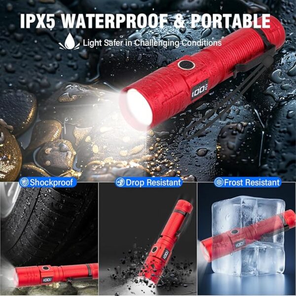 LED Flashlight, High Powered 50000 Lumens Super Bright Tactical Flashlight, Rechargeable Flashlights High Lumens, 6 Modes Zoomable Waterproof Flash Lights for Emergency, Camping, Hiking (2 Red) - Image 6