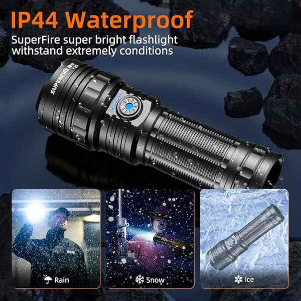 SuperFire Y29 Rechargeable Flashlight, 3280 Lumens, 5 Modes, Zoomable, for Camping, Hiking, Emergency, 2-Pack - Image 4