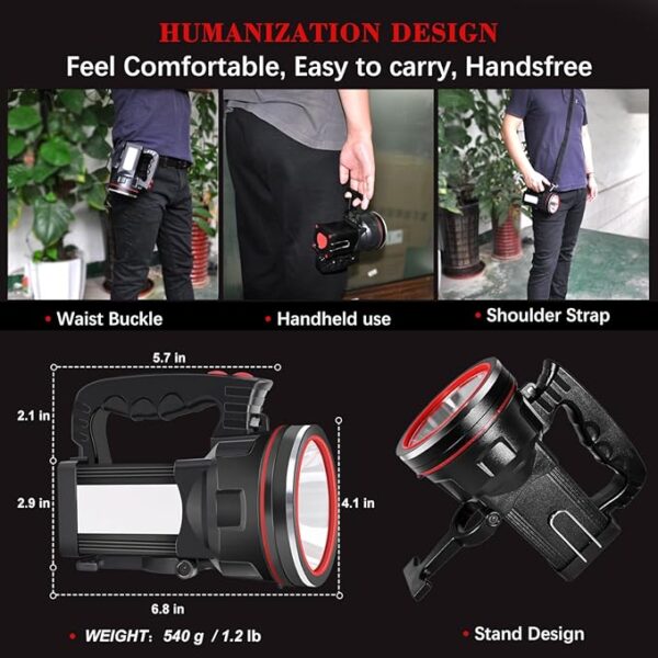 BIGSUN Spotlight Flashlight, 12800 mAh Rechargeable Flashlights High Lumens, Bright Flashlight, Outdoor Waterproof Camping Search Light Tactical Torch for Emergency, Boat, Hunting (Expolrar 2) - Image 5