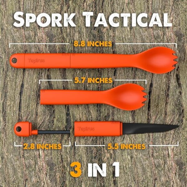 Tapirus Spork Tactical Orange | BPA Free Spoon Fork, Stainless Steel Knife and Fire Starter | 3 in 1 multipurpose utensil | Outdoor hiking, camping & backpacking gear | Fit for MRE - Image 4