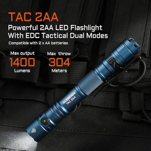 ACEBEAM TAC 2AA EDC Tactical Dual Modes Flashlight Rechargeable, 1400 High Lumens Flashlight, Dual Switch Pocket LED Flashlight, Super Bright Small Flash Light for Emergency, Camping, Home(SFT-25R HI) - Image 3