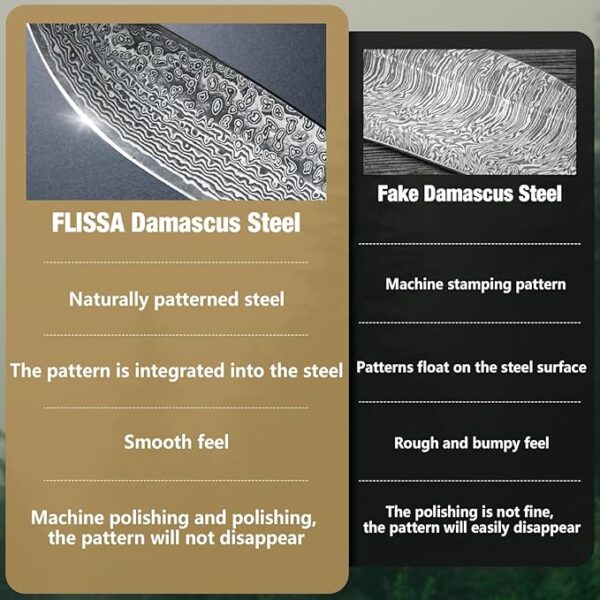 FLISSA Damascus Hunting Knife, 9.5 Inch Fixed Blade with Leather Sheath, Survival Knife with Black Sandalwood Handle for Camping, Hiking, Great Gifts - Image 6