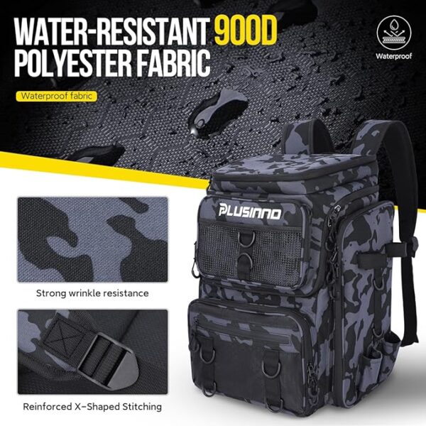 PLUSINNO Fishing Backpack with Rod Holders Tackle Box, 42L Large Water-resistant Fishing Tackle Bag Store Fishing Gear - Image 5
