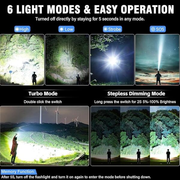 LED Flashlight, High Powered 50000 Lumens Super Bright Tactical Flashlight, Rechargeable Flashlights High Lumens, 6 Modes Zoomable Waterproof Flash Lights for Emergency, Camping, Hiking (2 Red) - Image 4