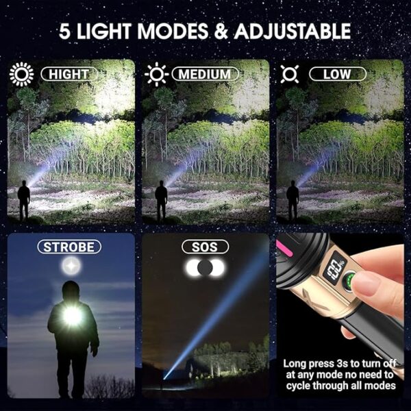 Rechargeable Flashlights High Lumens Led Rechargeable Flashlight Handheld Flashlights 5800,000 Lumens 5 Modes, Waterproof Powerful Tactical Flashlight for Emergencies Camping Gift - Image 3