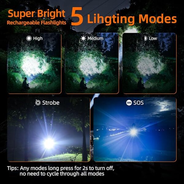 SuperFire Y29 Rechargeable Flashlight, 3280 Lumens, 5 Modes, Zoomable, for Camping, Hiking, Emergency, 2-Pack - Image 3