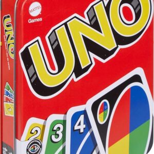 Mattel Games UNO Family Card Game, with 112 Cards in a Sturdy Storage Tin, Travel-Friendly, Makes a Great Toy for 7 Year Olds and Up