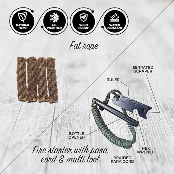 Ultimate Fire Starter Survival Tool Kit â Emergency Fire Starter Kit Includes Weatherproof Magnesium Fire Rod, Fire Striker, Fat Rope, Char Cloth, Rope Lighter,Wax Sticks, Survival Knife - Image 3