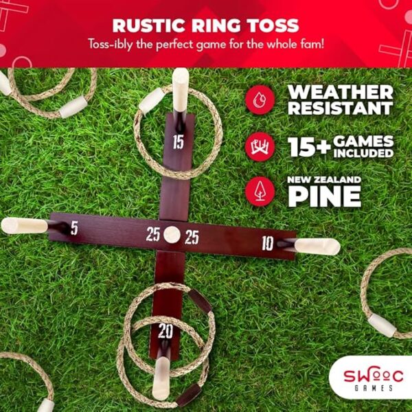 SWOOC Games - Rustic Ring Toss Game (All Weather) - Easy Setup & Extra Games Included - Ring Toss Game for Adults - Outdoor Acitivities for Adults - Yard Toys for Kids - Backyard Fun - Outdoor Party - Image 3