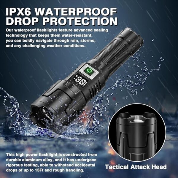 Rechargeable High Lumen LED Flashlight, 90,000 Lumens with Zoom, 3 Modes, IPX6 Water Resistant, Powerful Handheld Flashlight for Emergencies, Camping and Hiking - Image 4
