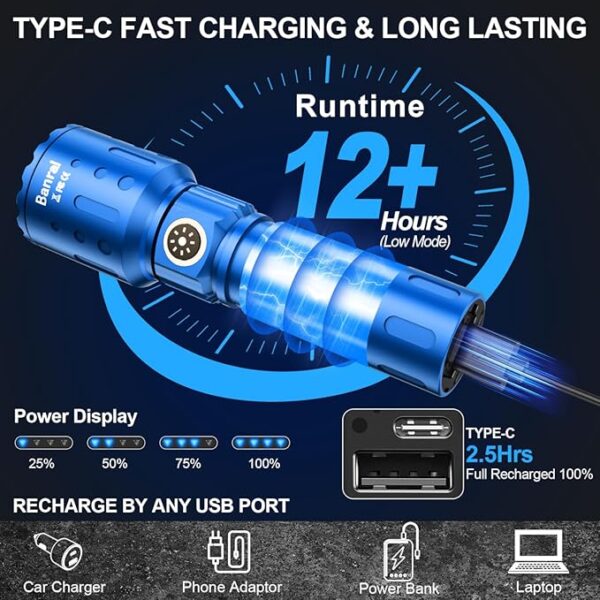 Flashlights High Lumens Rechargeable, Super Bright 1500 Meters Long Range Small Powerful Flashlight, 6 Modes LED Tactical Pocket Waterproof Flash Light for Home Emergency (2, Blue) - Image 6