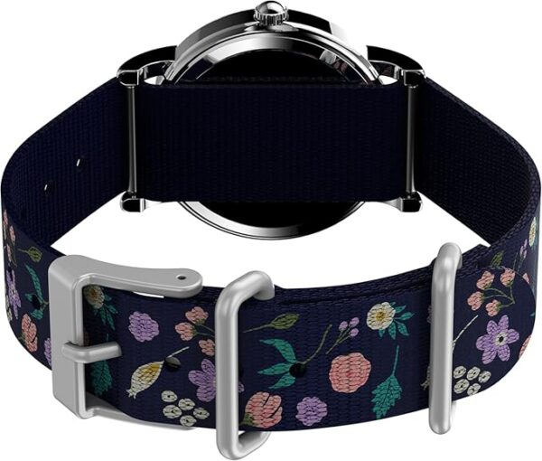Timex Womens Watch Peanuts Weekender Casual Ladies Wristwatch - Featuring Snoopy and Woodstock in a Floral Motif, Silver-Tone Case with Blue Fabric Strap (31mm) - Image 6