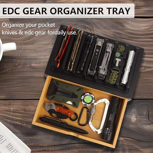 EDC Knife Rack, Pocket Knives Display Case Hold 7 Knives, Wooden EDC Gear Organizer Tray, Accessory Gear Display Organizer Box for Tactical, Survival, Outdoor, EDC Mini Knife - Black - Image 6