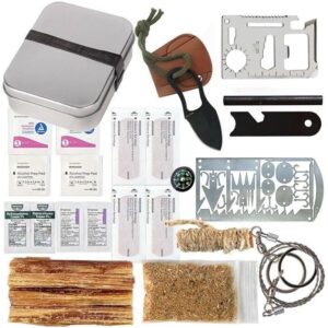 Kaeser Survival Emergency Tin Fatwood 22-1 Card Fishing Hiking Ferro Rod Knife Saw Compass Band Aids (Pocket)