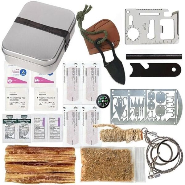 Kaeser Survival Emergency Tin Fatwood 22-1 Card Fishing Hiking Ferro Rod Knife Saw Compass Band Aids (Pocket)