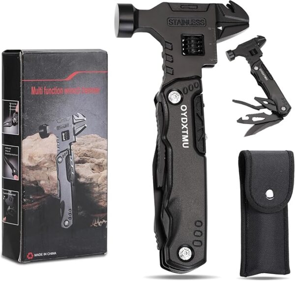 Upgraded 18-in-1 Multitool Hammer,Camping Knife with Adjustable Wrench,Screwdriver,Wire cutter,Hammer,Bottle Opener,Multi Tool for Men(Black) - Image 2