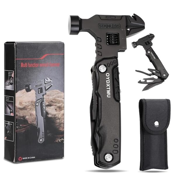Upgraded 18-in-1 Multitool Hammer,Camping Knife with Adjustable Wrench,Screwdriver,Wire cutter,Hammer,Bottle Opener,Multi Tool for Men(Black)