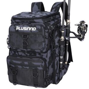 PLUSINNO Fishing Backpack with Rod Holders Tackle Box, 42L Large Water-resistant Fishing Tackle Bag Store Fishing Gear