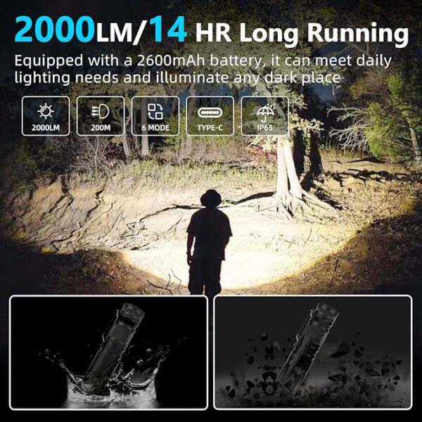 2000LM EDC Tactical Flashlight IP65 Waterproof With 6 Mode,Rechargeable High Lumens LED Pocket Flashlight,14Hr(2600mAh) Battery Life For Daily Home Use, Adventure, Tactical Outdoor, Emergency - Image 5