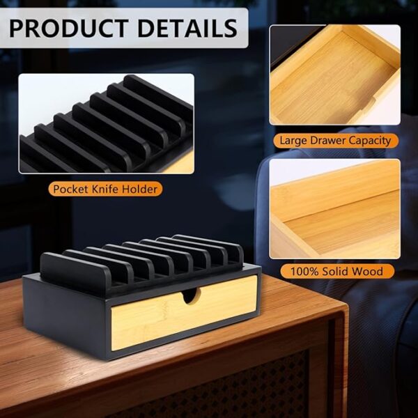 EDC Knife Rack, Pocket Knives Display Case Hold 7 Knives, Wooden EDC Gear Organizer Tray, Accessory Gear Display Organizer Box for Tactical, Survival, Outdoor, EDC Mini Knife - Black - Image 5