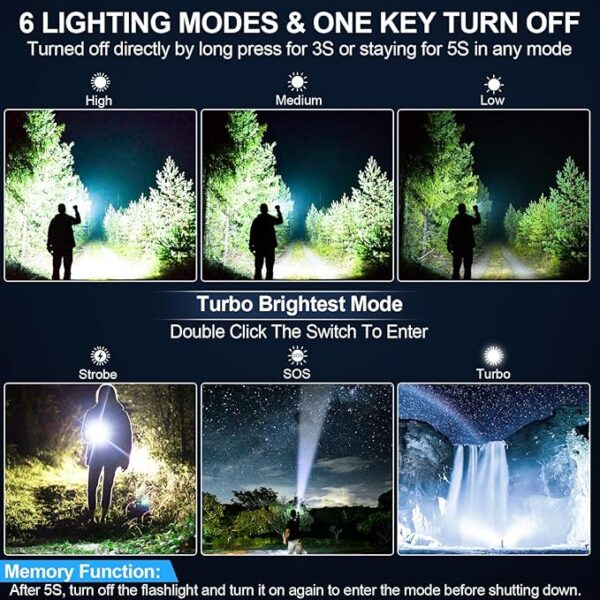 Flashlights High Lumens Rechargeable, Super Bright 1500 Meters Long Range Small Powerful Flashlight, 6 Modes LED Tactical Pocket Waterproof Flash Light for Home Emergency (2, Blue) - Image 4