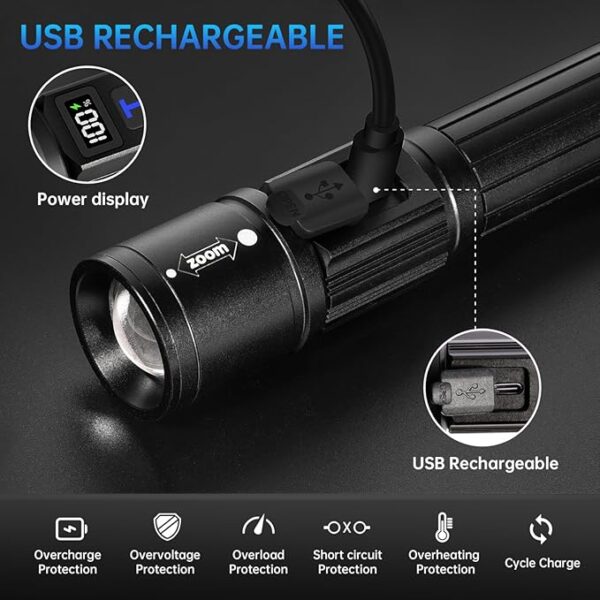 Rechargeable Flashlights High Lumens, Super Bright Flash Light, 5 Modes Zoomable Linternas with LCD Digital Display, Powerful Handheld LED Flashlights for Emergencies Camping - Image 4