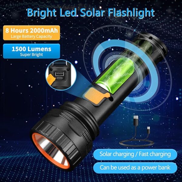 Solar Flashlights, 1500 Lumens Led Solar Powered Flashlights with Digital Display 2000mAh Battery Rechargeable Handheld Flashlights IP65 Waterproof Flashlights for Survival Emergencies, 4 Pack - Image 5