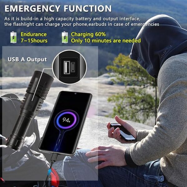 Rechargeable LED Flashlights 1000000 High Lumens,ðððð ððð° High Powered Waterproof Tactical Flashlight Spotlight Flashlight for Home, Bright Flashlight Black for Outdoor Camping Emergency - Image 6