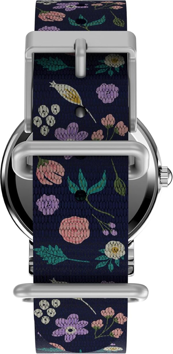 Timex Womens Watch Peanuts Weekender Casual Ladies Wristwatch - Featuring Snoopy and Woodstock in a Floral Motif, Silver-Tone Case with Blue Fabric Strap (31mm) - Image 5