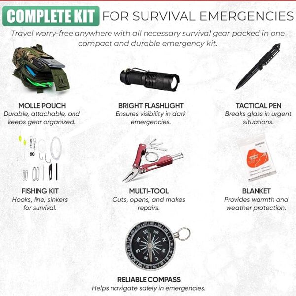 Survival Kit - All-in-One Survival Gear and Supplies for Camping, Hiking, Hunting, and Car Emergencies - Essential Tools, Great Gift for Men, Fathers, Boyfriends, Boys, Dads and Scouts - Image 4