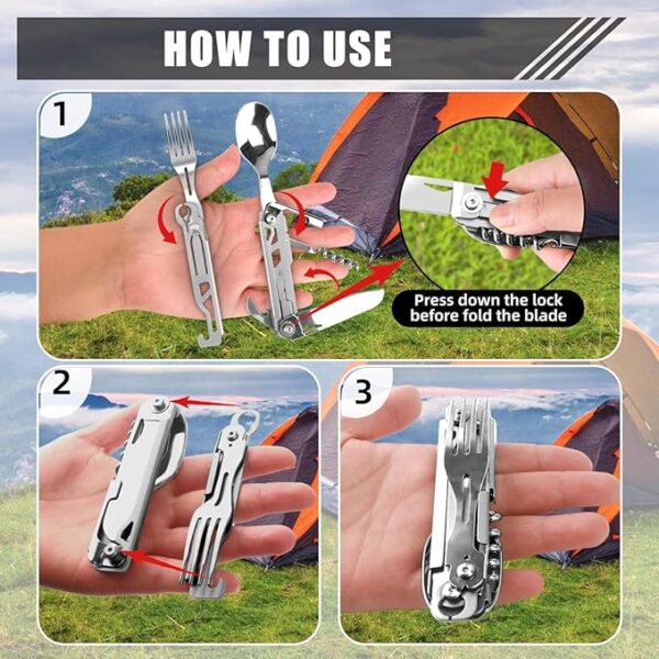 Portable 5-in-1 Camping Utensils - Detachable Travel Utensils Flatware Set - Compact Camping Multitool With Spoon, Fork, Knife, Bottle Opener - Great for Outdoor Adventures (Stainless Steel) - Image 6