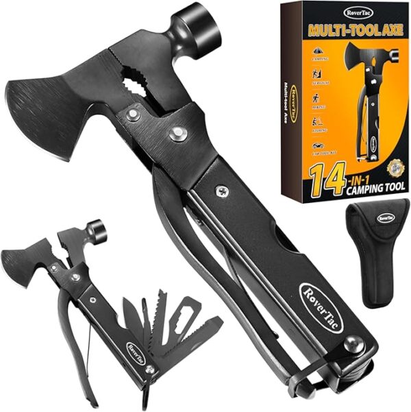 RoverTac 14-in-1 Multitool Camping Axe â Multi Tool with Knife, Hammer, Saw, Screwdrivers, Bottle Opener â Camping Tool with Sheath â Tool Gifts for Men, Dad, Husband, and Outdoor Enthusiasts. - Image 2