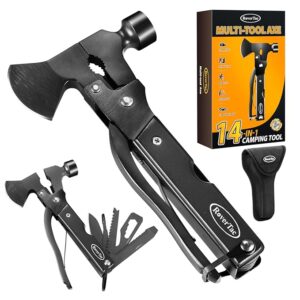 RoverTac 14-in-1 Multitool Camping Axe â Multi Tool with Knife, Hammer, Saw, Screwdrivers, Bottle Opener â Camping Tool with Sheath â Tool Gifts for Men, Dad, Husband, and Outdoor Enthusiasts.