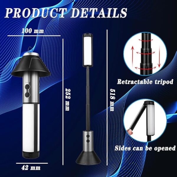Rechargeable 3000mAh Camping Light with Stand 1.71ft Max Height ï¼Cordless Work Light with 3 LED Lamp Heads, 2200 Lumens Camping Essentials Gear Emergency Flashlightï¼Black - Image 3
