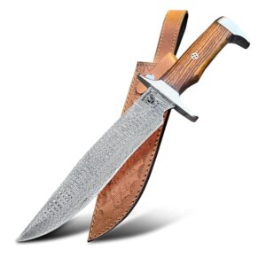 Damascus Fixed Blade Knife with Sheath - Handcrafted Full Tang Bowie Knife for Camping, and Survival - Premium Steel Construction - Includes Sheath