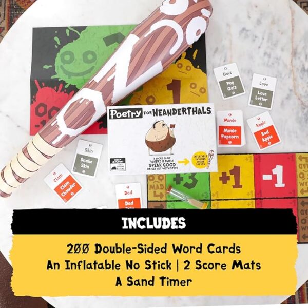 Exploding Kittens Presents Poetry for Neanderthals - Family Card Game for Adults, Teens & Kids - Competitive Word Guessing Family Games, Ages 7 and Up - Includes 200 cards and a 2-foot inflatable club - Image 3
