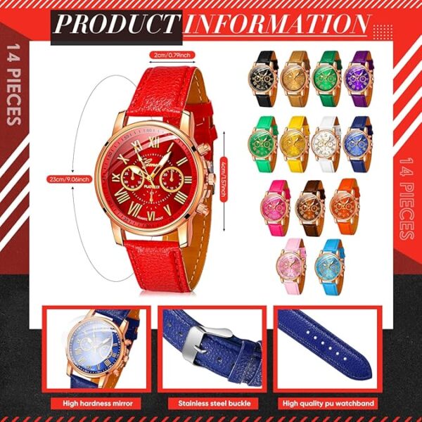 Yinkin 14 Pcs Assorted Platinum Watch Unisex Quartz Watch Sets for Women Men Ladies Watches Roman Numerals PU Leather Women's Wrist Watches - Image 4