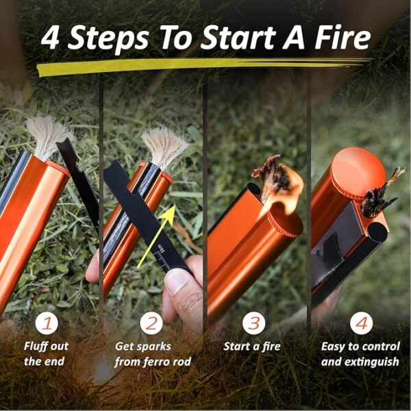 Flint and Steel Fire Starter Kit 7-in-1 Ferro Rod Fire Steel Bushcraft Equipment, Portable Survival Magnesium Kit with 36" Waterproof Wick Rope, Multi Tool Scraper, Compass for Camping Hiking - Image 6