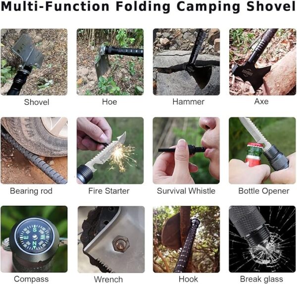 Survival Shovel Survival Axe, Camping Folding Shovels Hatchet with 19.2-37.8inch Lengthened Handle Enlarged Shovelhead High Carbon Steel with Storage Pouch for Camping Cycling Hiking - Image 5