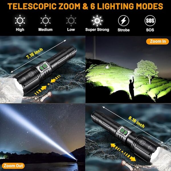 LED Super Bright Flashlight 2000 High Lumens, High Powered Rechargeable Flashlights, 6 Modes Zoomable, Waterproof Flash Lights, Tactical Handheld Flashlight for Emergency, Camping, Outdoor, Home - Image 4