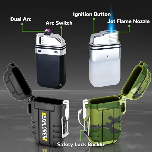 3 Pack Waterproof Lighter Outdoor Windproof Torch Lighters Dual Arc Lighters Butane Electric USB Rechargeable Flameless Plasma Lighter Camping Hiking Adventure Survival Tactical Gear - Image 6