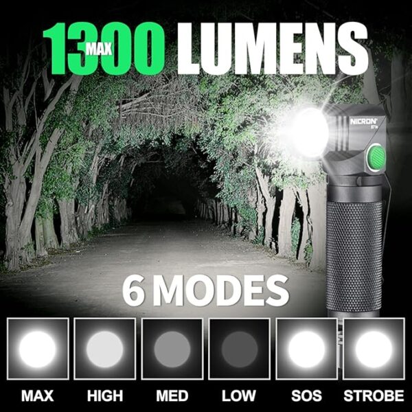1300 Lumens Rechargeable Magnetic Flashlight, 6 Modes LED 90 Degree Flashlight Twist IP65 Waterproof High Bright EDC Pocket Torch, Tactical Flashlight for Camping, Emergency, Repair, Outdoor - Image 3