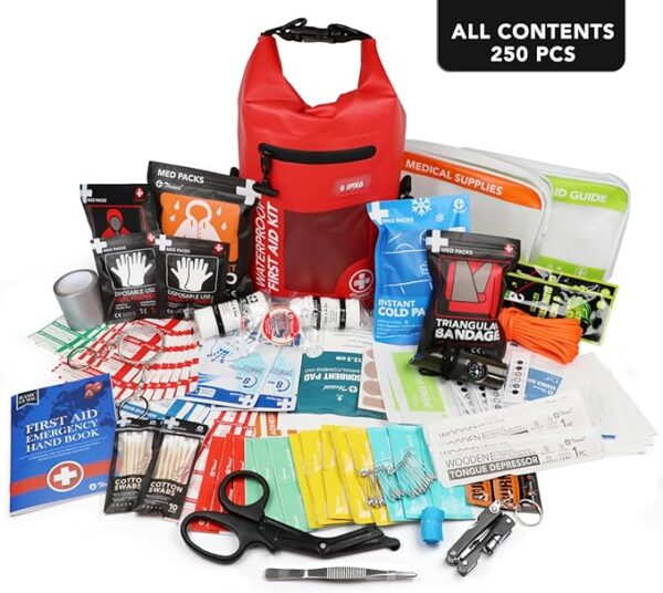 THRIAID 250 PCS Waterproof First Aid Kit, Roll Top Reflective Boat Dry Bag Bug Out Bag, Emergency Medical Kit Ideal for Boating, Camping, Fishing, Kayaking, Floating, Red - Image 6