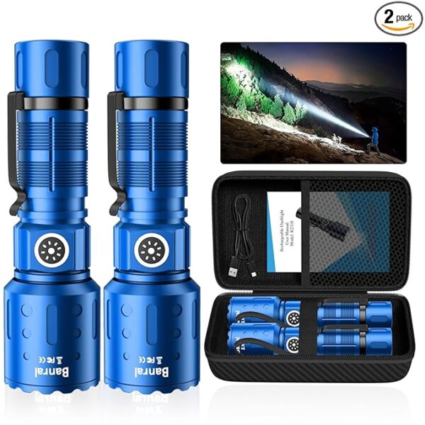 Flashlights High Lumens Rechargeable, Super Bright 1500 Meters Long Range Small Powerful Flashlight, 6 Modes LED Tactical Pocket Waterproof Flash Light for Home Emergency (2, Blue)